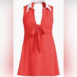 Lands' End Modest Swim Dress Coral Polo Collar Tie Front Swimsuit Size 16 NWT